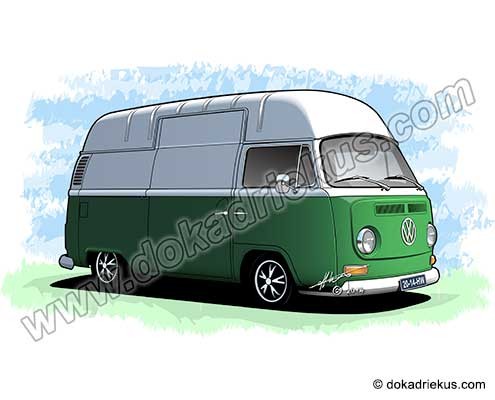 VW bus tekening van een VW T2 hoogdak bestelbus.