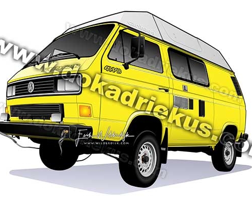 Tekening van een gele VW T3 Syncro Carthago camper