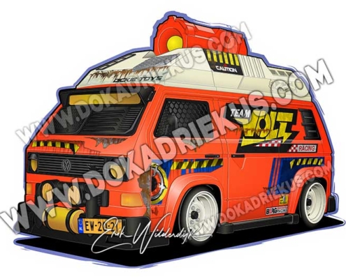 Vectorart tekening van een oranje VW T3 camper van Dickie Toys