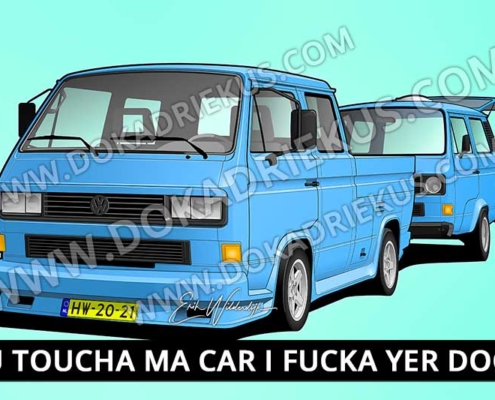 Vector tekening van een blauwe VW T3 doka met aanhanger, gemaakt van een VW T3 bus