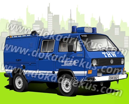 Vectortekening van een VW T3 doka met alusingen opbouw van de Duitse THW