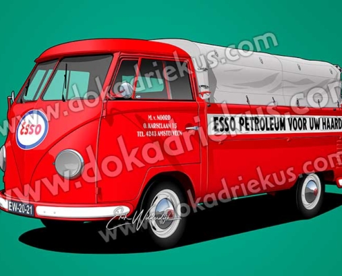 Tekening van een rode VW T1 enkelcabine pickup met huif voorzien van ESSO reclame