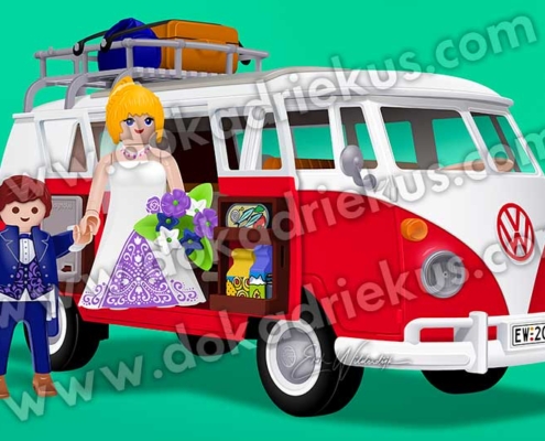 Tekening van de Playmobil VW T1 camper met een bruidspaar