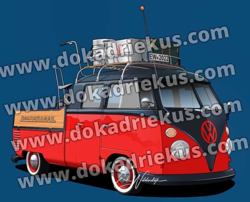 Vector tekening van een VW T1 doka in de kleurcombinatie zwart rood, met een fiets in de laadbak, en een dakrek met koffers