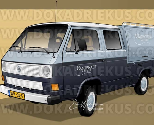 Tekening van de VW T3 dubbelcabine pickup Tasting Transporter van Campenaer Koffie uit Kampen